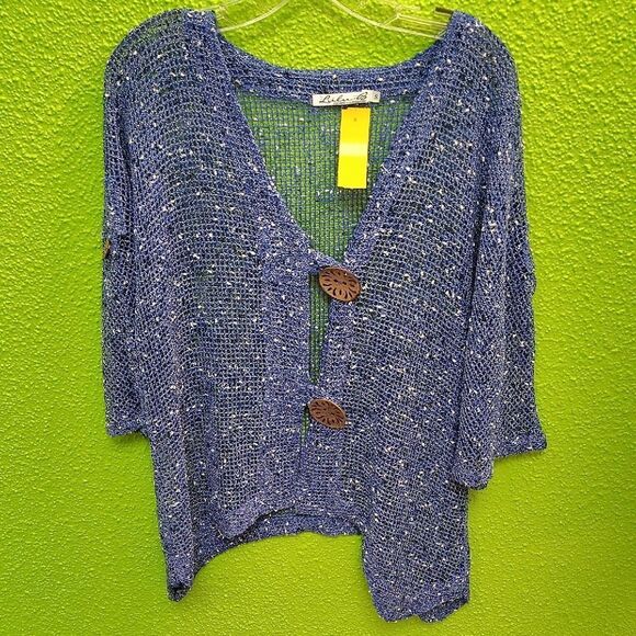 Lulu-B Blue Cardigan Sweater with V-Neck and 3/4 Sleeves - Picture 1 of 3